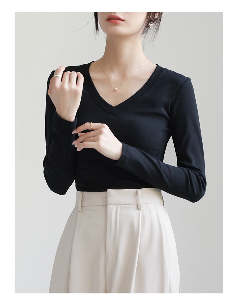 小V領打底衫上衣女內搭白色外穿正肩洋氣顯瘦修身長袖T恤
