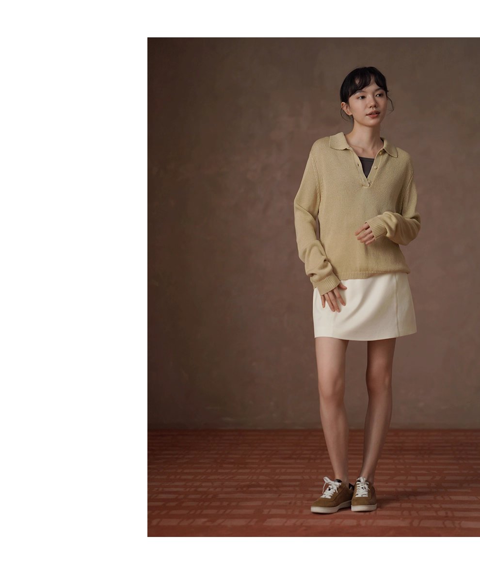 溫和薑茶亞麻鬆弛寬鬆復古顯瘦Polo領針織落肩通勤上衣