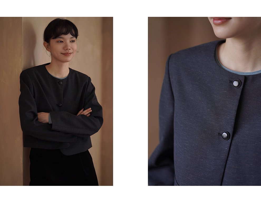 深空亞麻肌理感圓領通勤短外套經典俐落簡約顯瘦西裝女