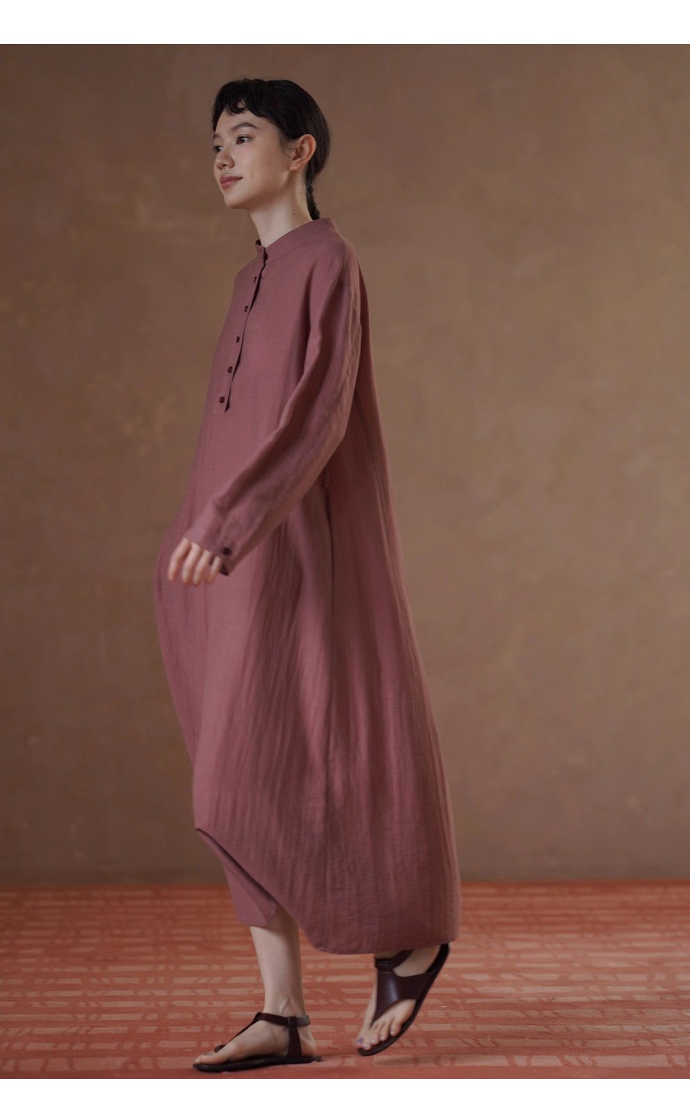 清雅芍藥顯白亞麻混紡透氣挺括顯瘦寬鬆立領襯衫洋裝