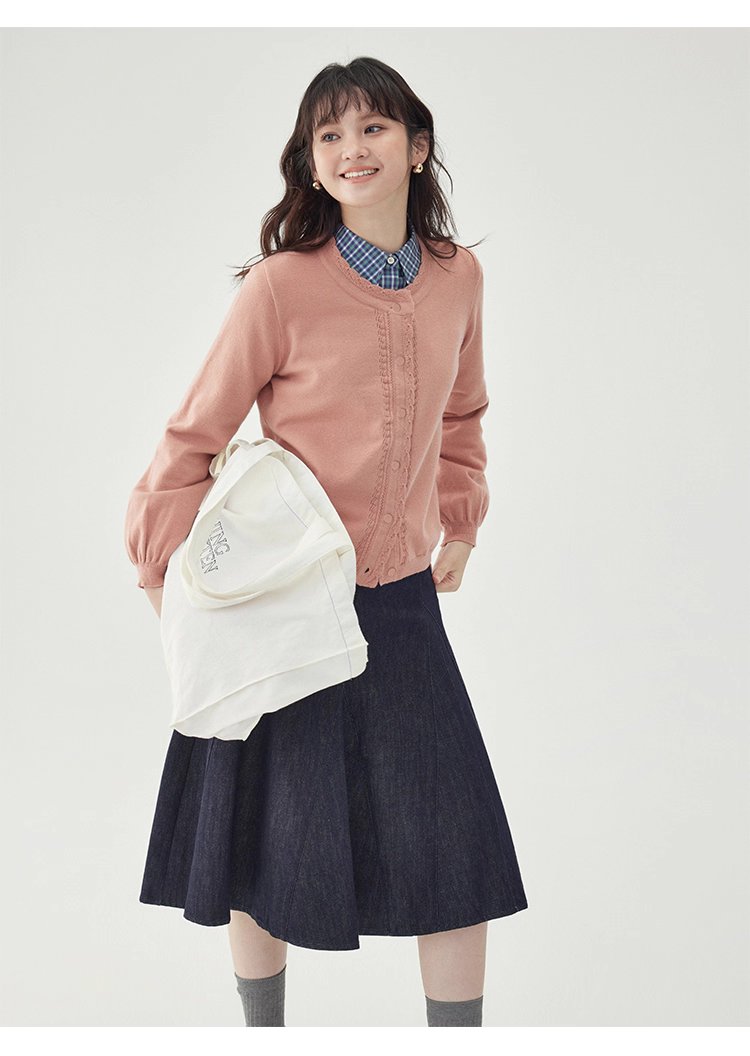 韓系提花圓領長袖針織衫女秋新款單排扣外套上衣