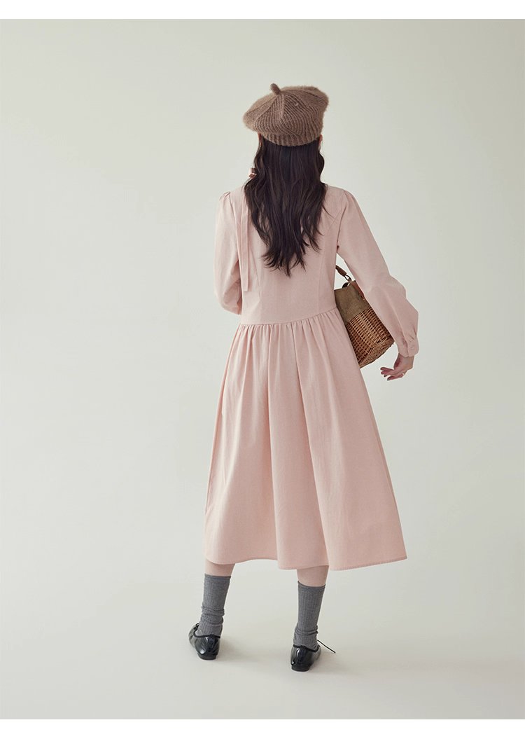 法式繫帶圓領粉紅洋裝女秋新款長袖a字中長裙