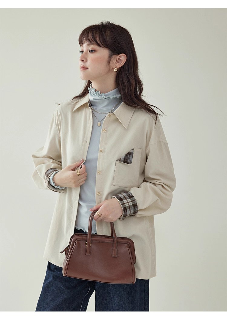 撞色格紋燈芯絨長袖襯衫女秋季新款翻領外套上衣