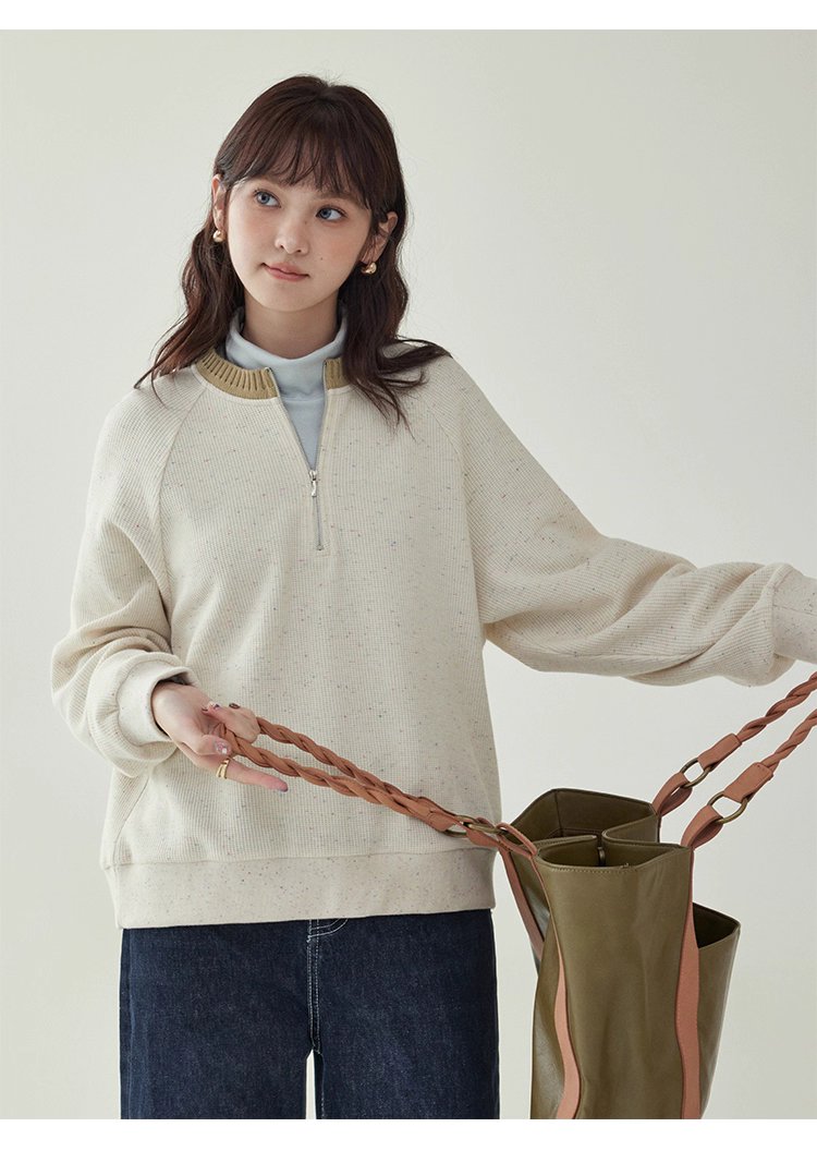 撞色彩點半開拉鍊衛衣T恤女秋季新款插肩袖上衣