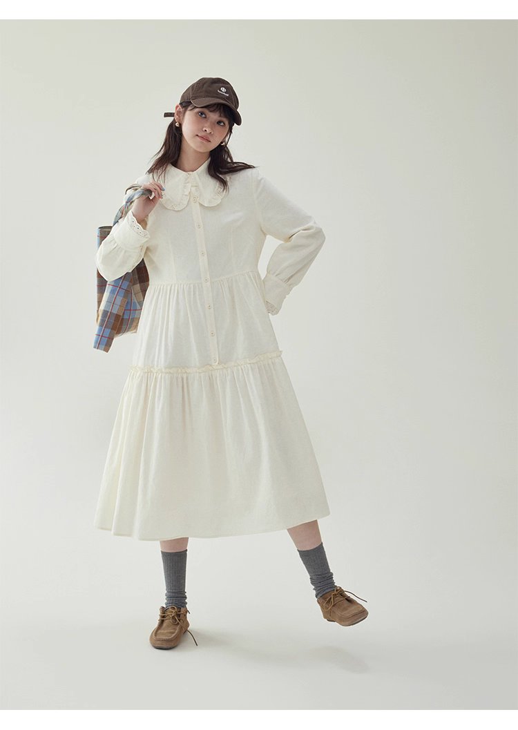 減齡純色花邊翻領洋裝女秋季新款中長娃娃裙