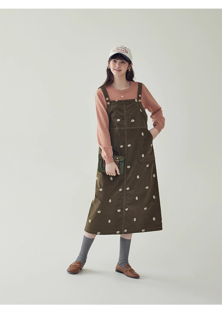 減齡刺繡純棉背帶洋裝女秋季新款後開叉a字裙