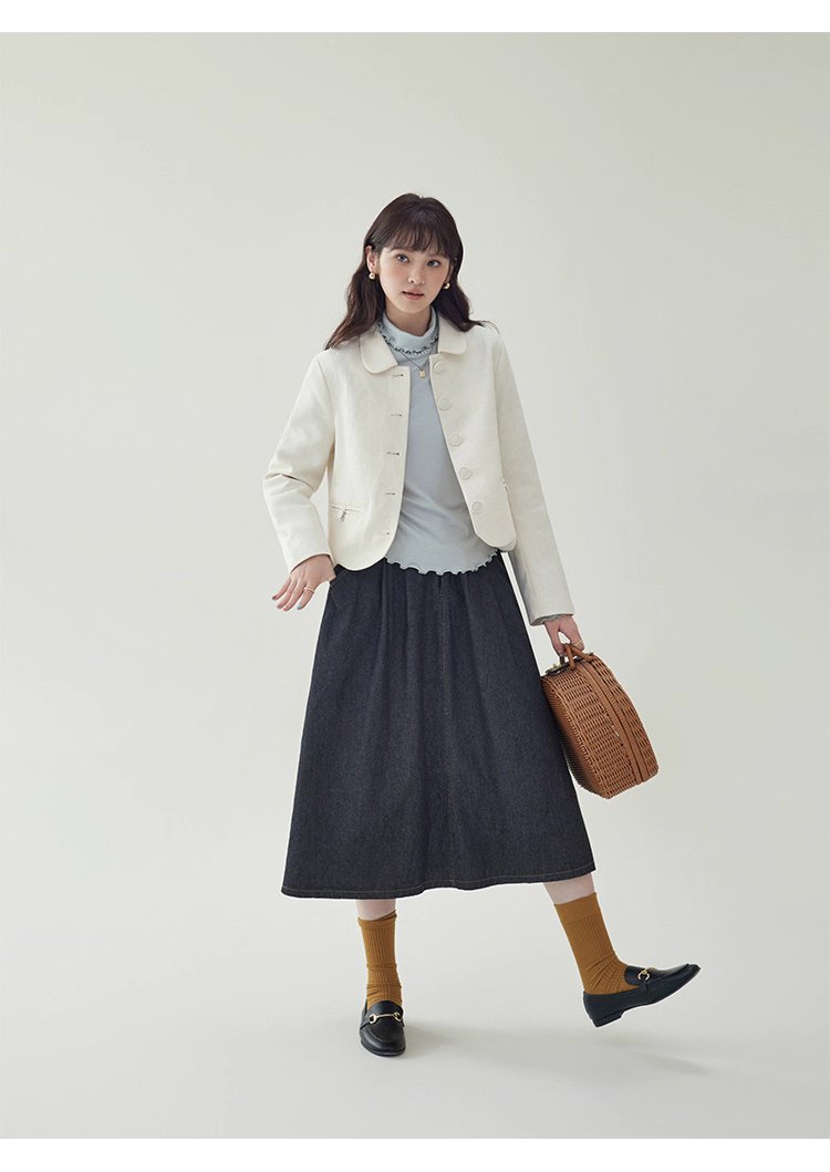 小香風純色單排扣短外套女秋新款波浪擺長袖上衣