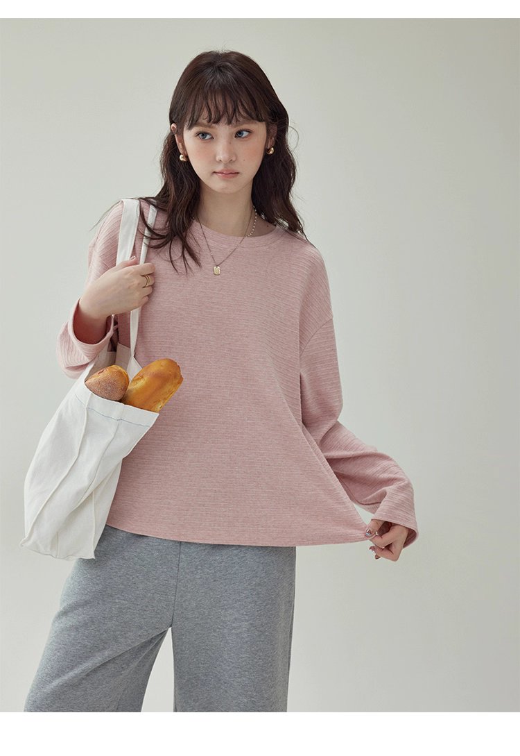 韓系藍線圓領長袖T恤女秋季新款簡約寬鬆上衣