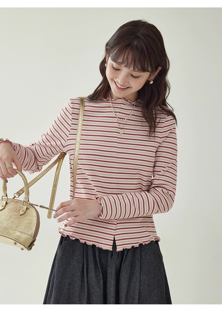 下擺扣條紋兩穿內搭T恤女秋新款花邊長袖上衣