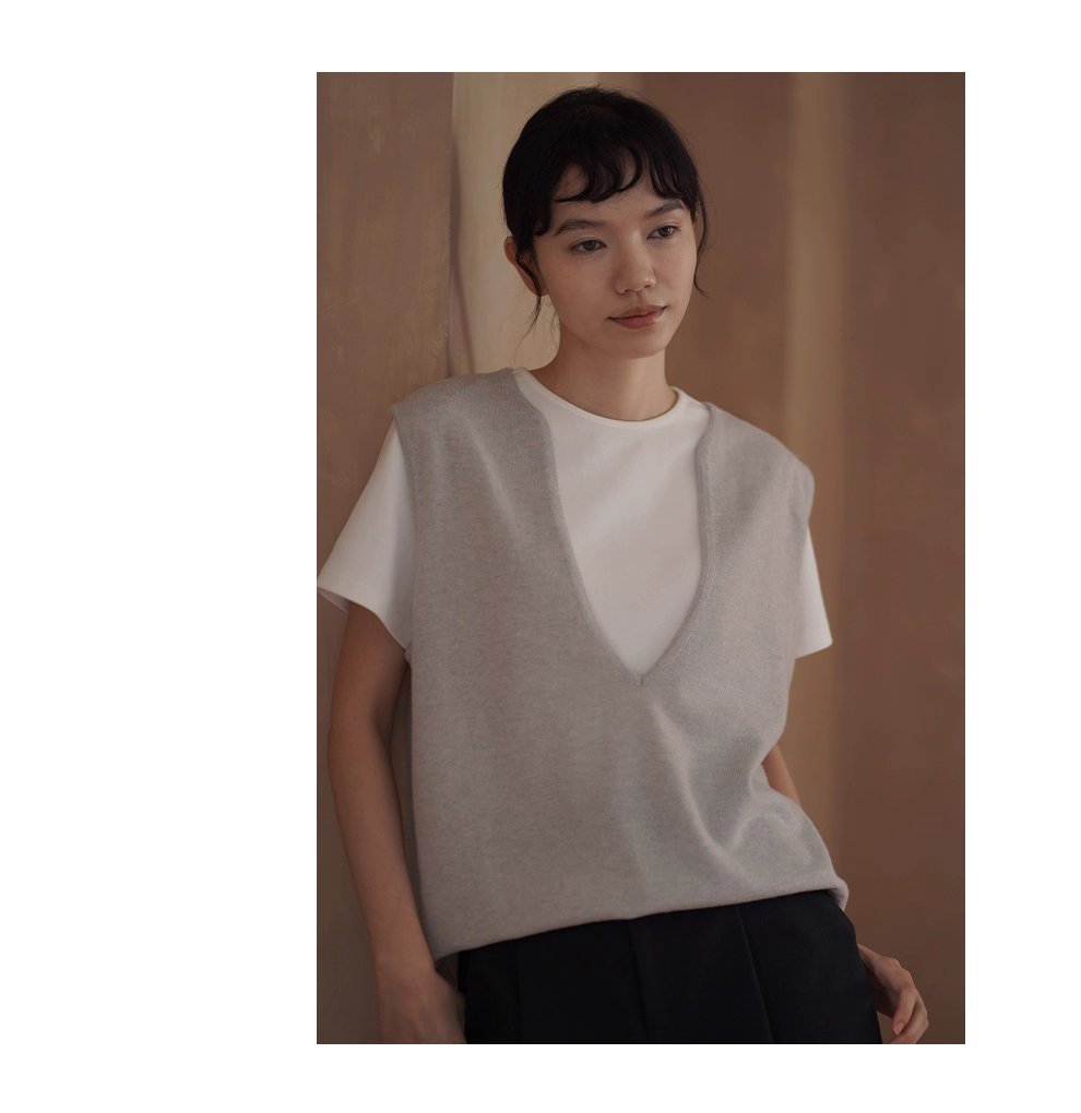 時髦放大鏡100羊毛深v領針織寬鬆疊穿簡約通勤背心女