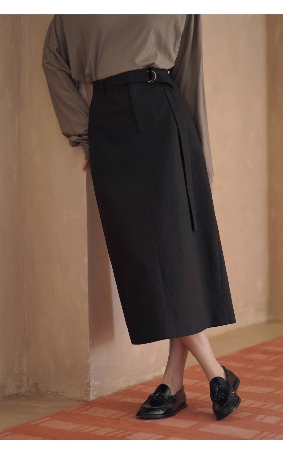 挺括立體棉感直筒高腰通勤顯瘦遮肉可調式腰帶半身裙女