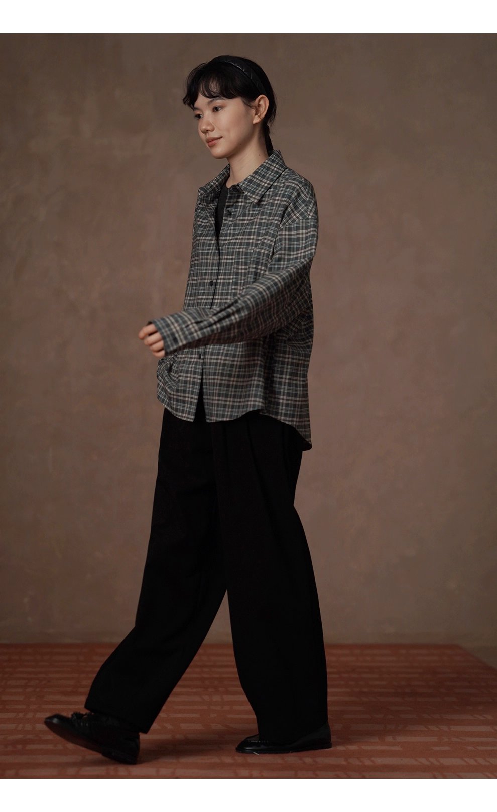 馬德拉斯復古格紋襯衫落肩寬鬆英倫疊穿學院翻領上衣女