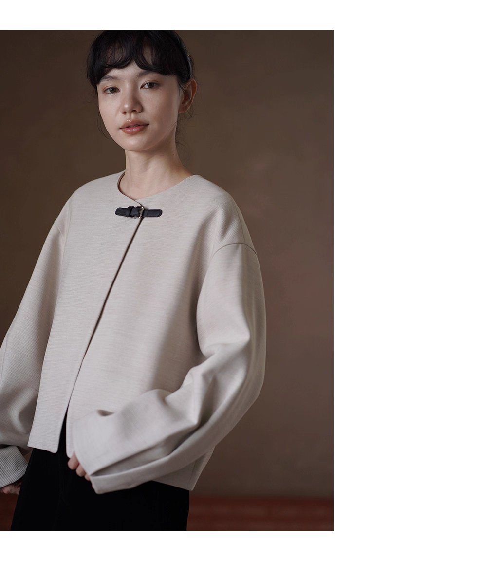 精巧皮袢系列羊毛精紡橫紋肌理感寬鬆圓領通勤西裝外套