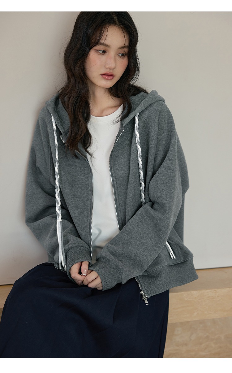 大尺碼連帽刷絨外套寬鬆上拉鍊長袖外套