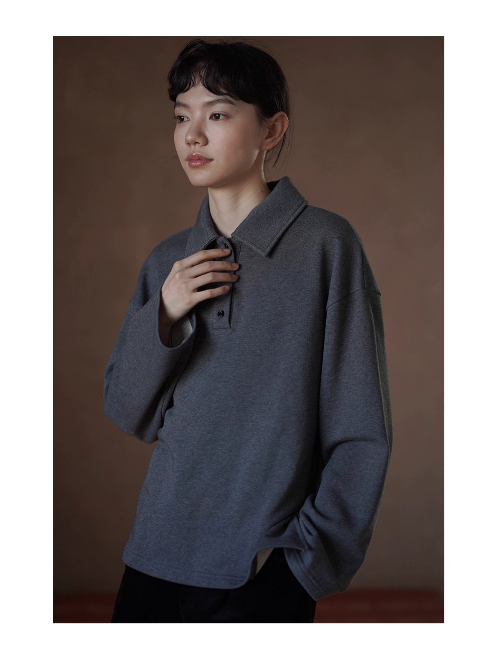 復古經典休閒碰撞Polo領寬鬆顯瘦100棉做舊花灰落肩衛衣