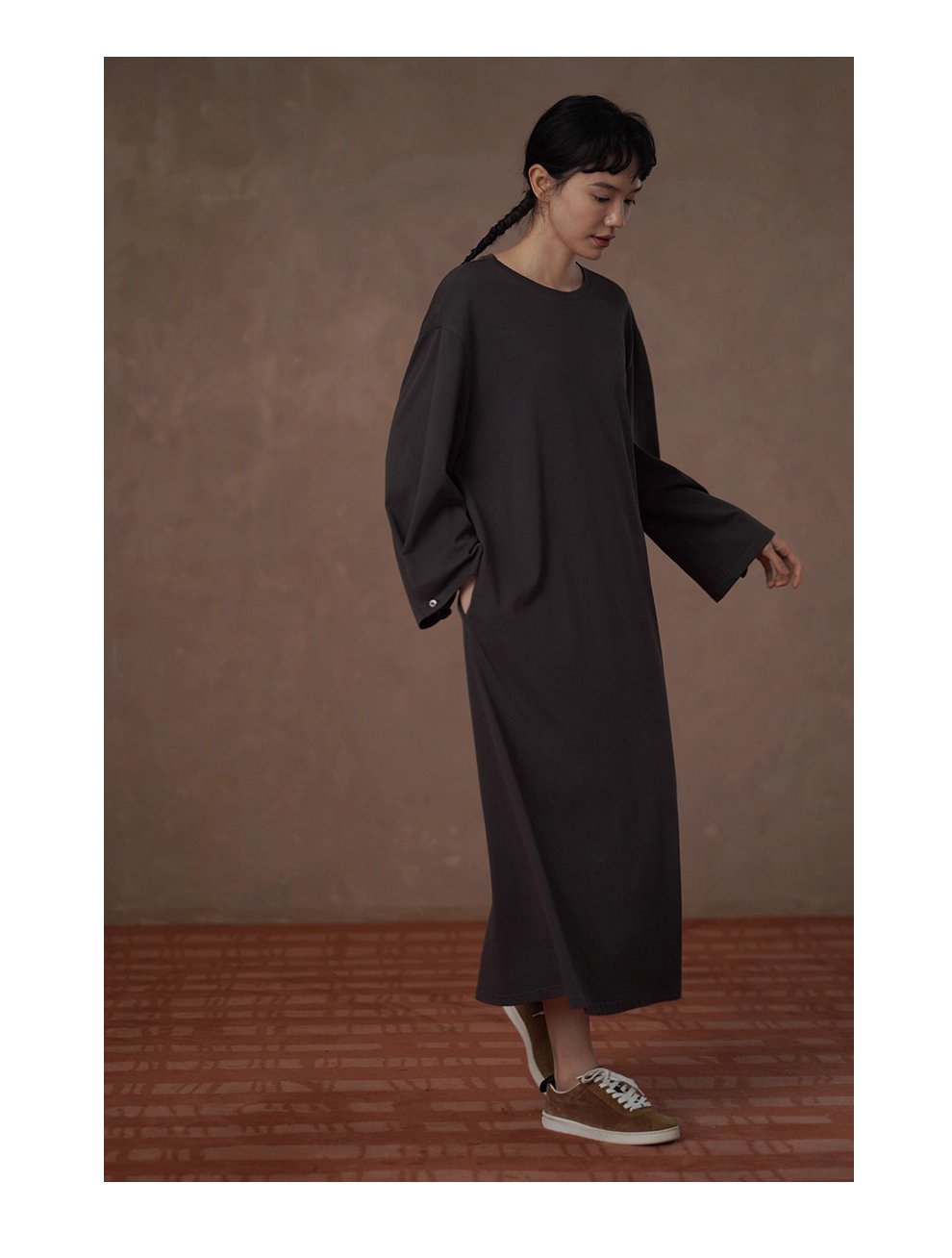 綿柔禪意100棉寬鬆直筒圓領可調式腰帶顯瘦藏肉通勤裙子