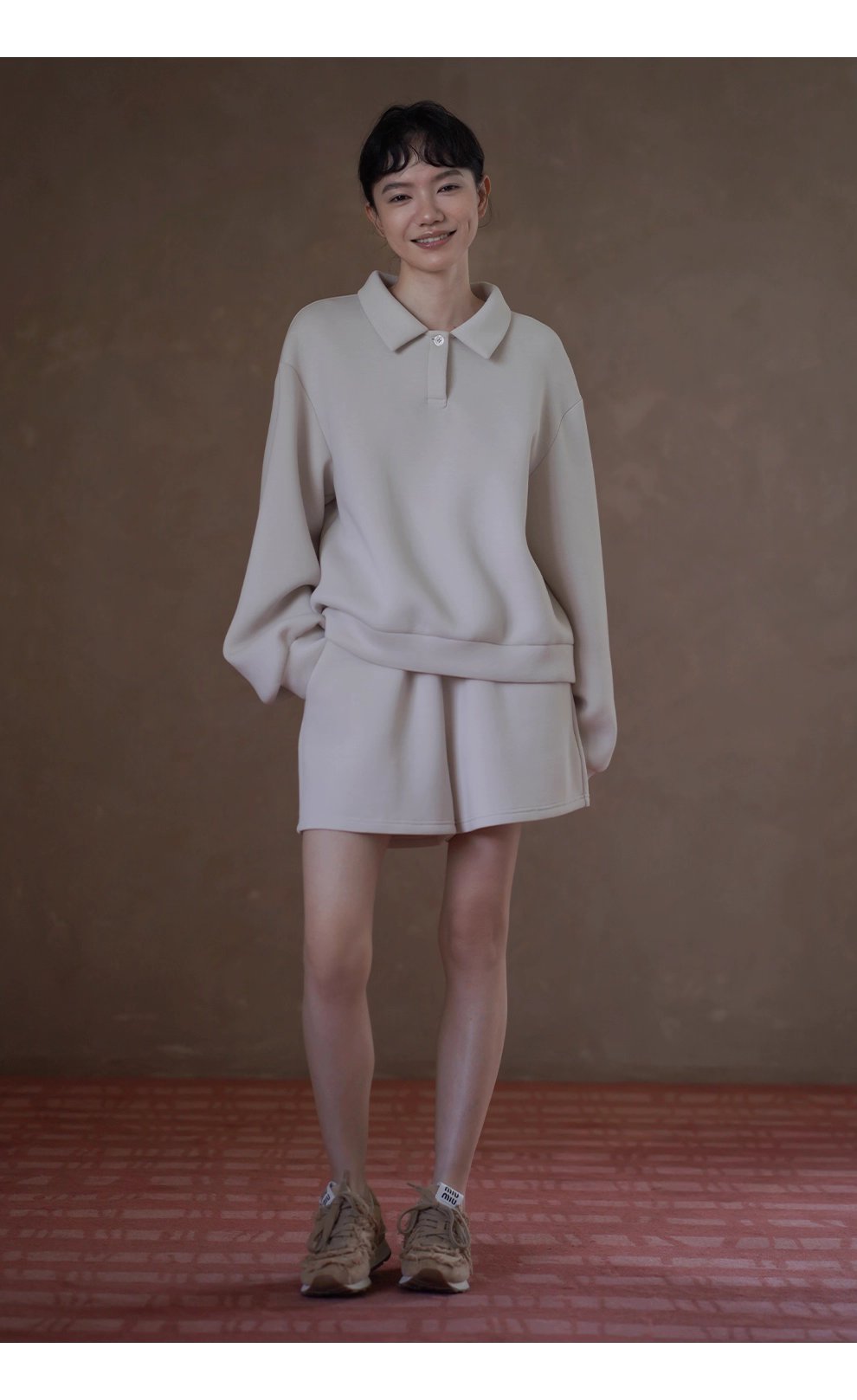 綿軟暖糯衛衣套裝寬鬆落肩Polo領顯瘦上衣鬆緊高腰短褲