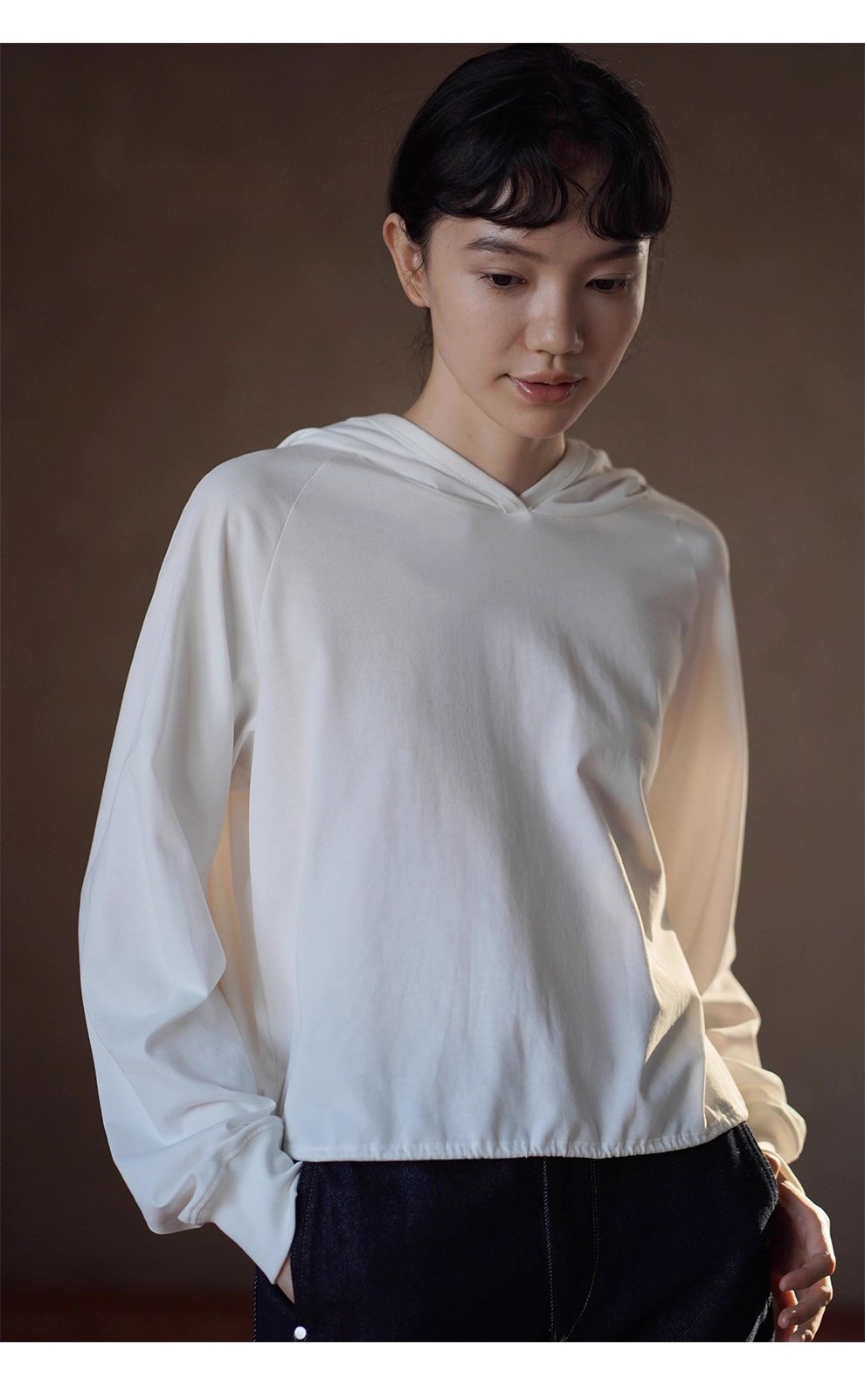 100棉垂軟寬鬆顯瘦連帽休閒長袖上衣可調整下擺T恤內搭