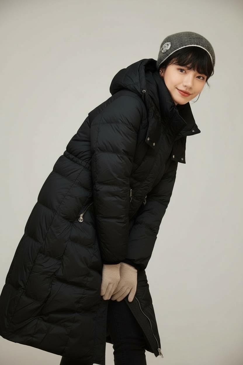 冬季重工簡約充絨工藝90白鴨絨連帽不厚重長羽絨服