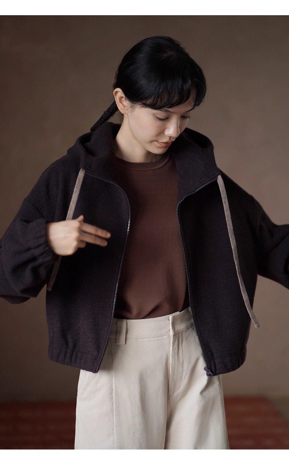 榛果咖濃鬱質感加厚綿羊毛混紡寬鬆短連帽衛衣外套女