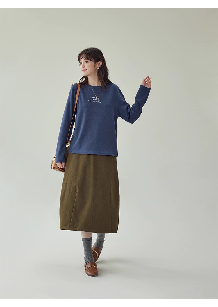 日系刺繡圓領雙面絨長袖T恤女秋季新款百搭上衣