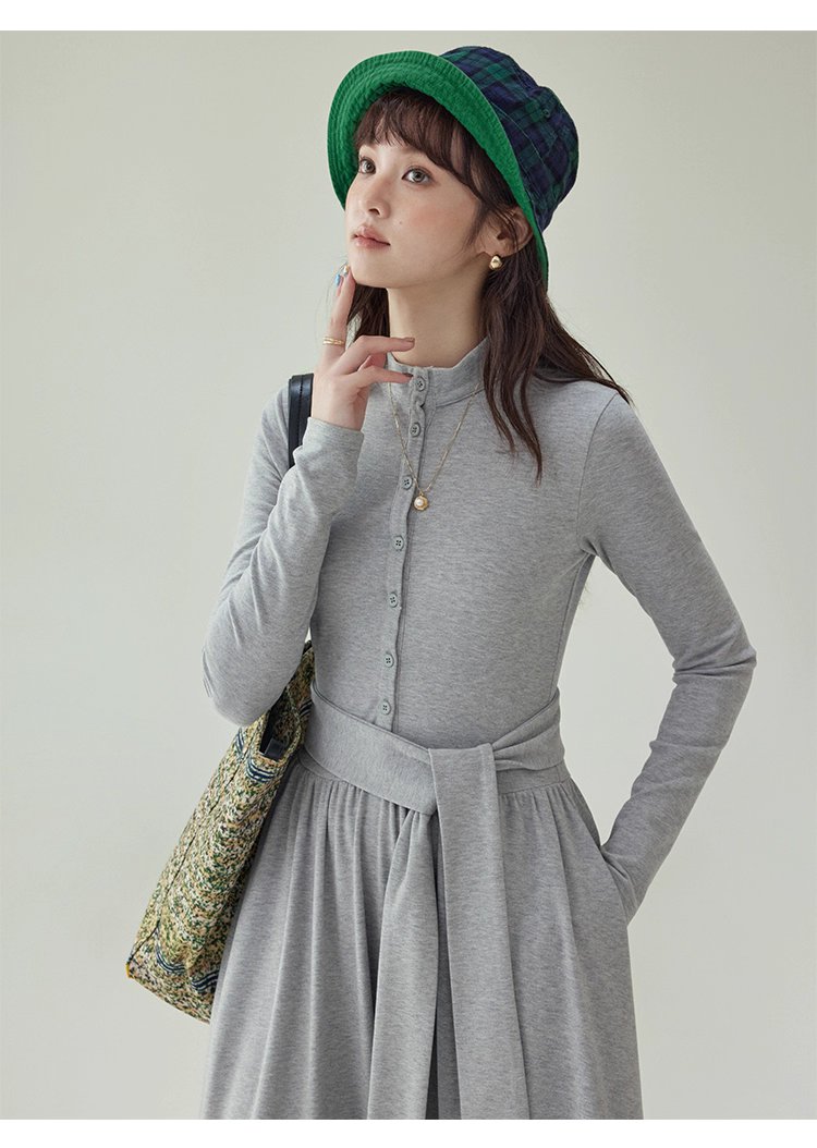 灰色修身高腰綁帶洋裝女秋新款長袖收腰T恤裙