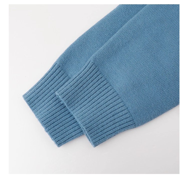 拼接蕾絲下擺藍色針織衫女秋季新款紐帶長袖上衣