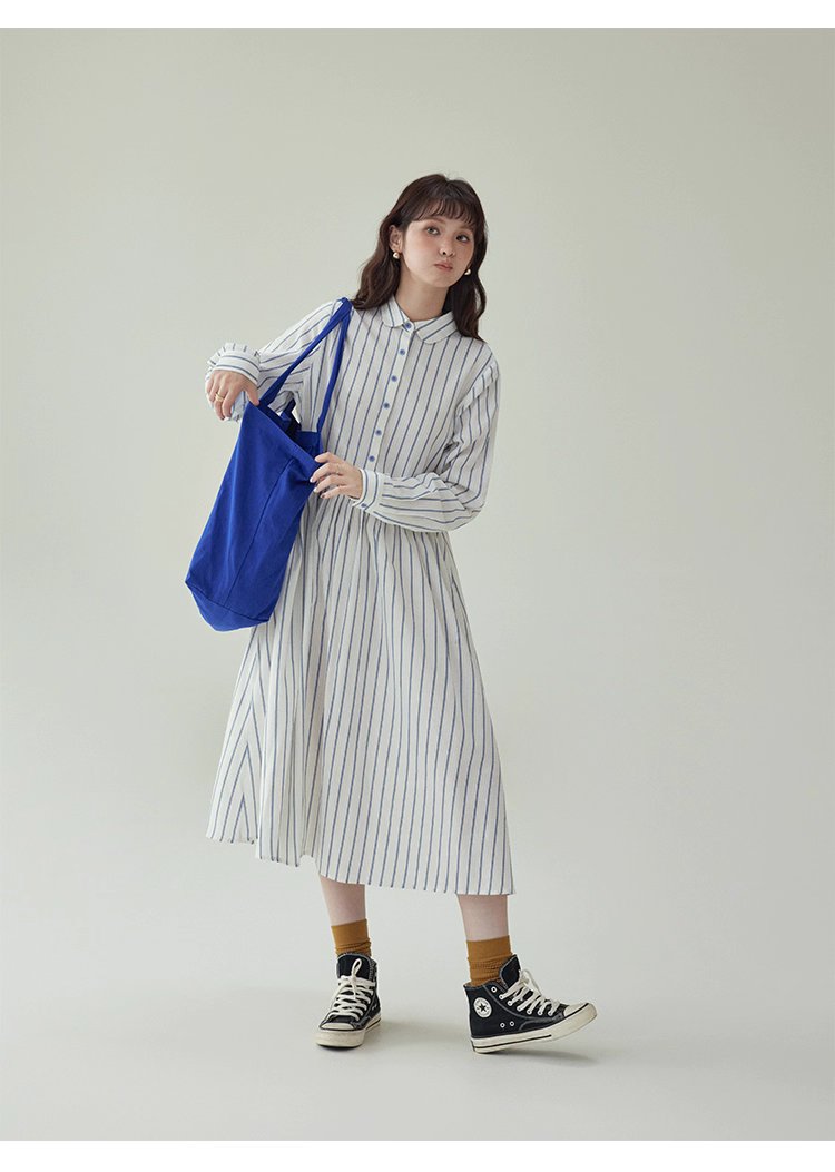 藍條紋娃娃領純棉洋裝女秋新款寬鬆長袖襯衫裙,藍條紋娃娃領純棉洋裝女秋新款寬鬆長袖襯衫裙,HBEW7043,藍條紋娃娃領純棉洋裝女秋新款寬鬆長袖襯衫裙,襯衫洋裝,全棉面料