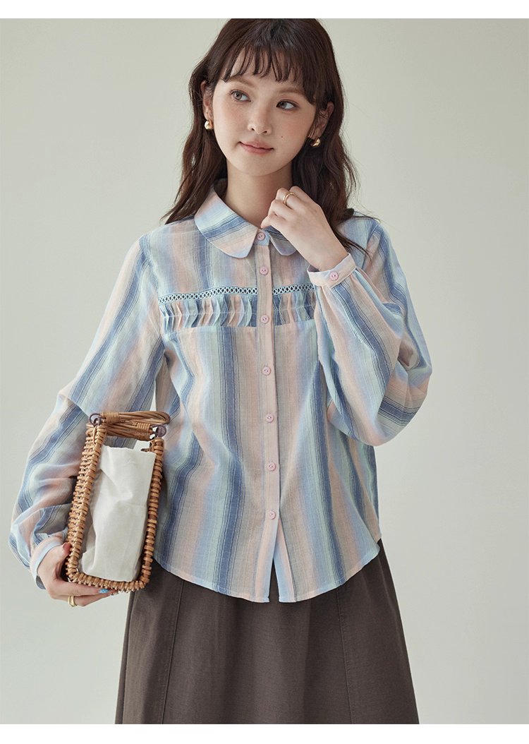 少女感鏤空拼接條紋襯衫女秋季新款純棉長袖上衣