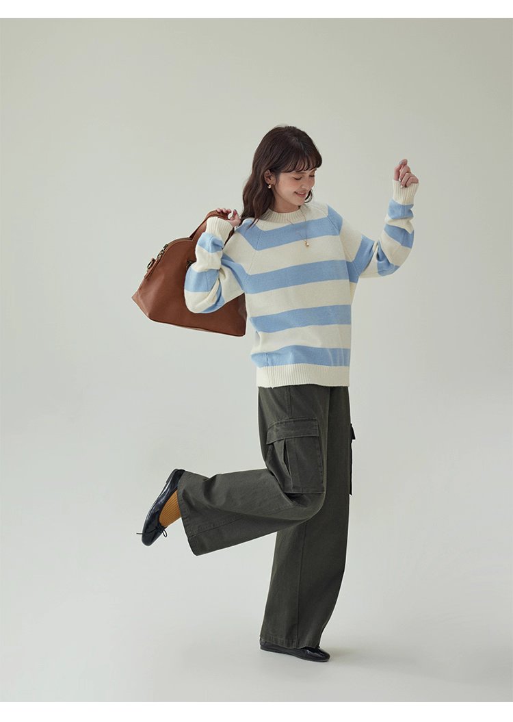 韓國拼色條紋插肩袖毛衣女秋款新款休閒寬鬆上衣