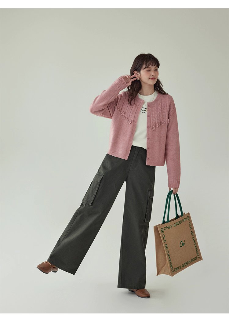 少女感粉紅花朵毛衣開襟女秋季新款寬鬆長袖上衣