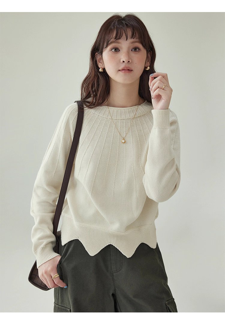 設計感波浪下擺純棉針織衫女秋冬季新款長袖上衣