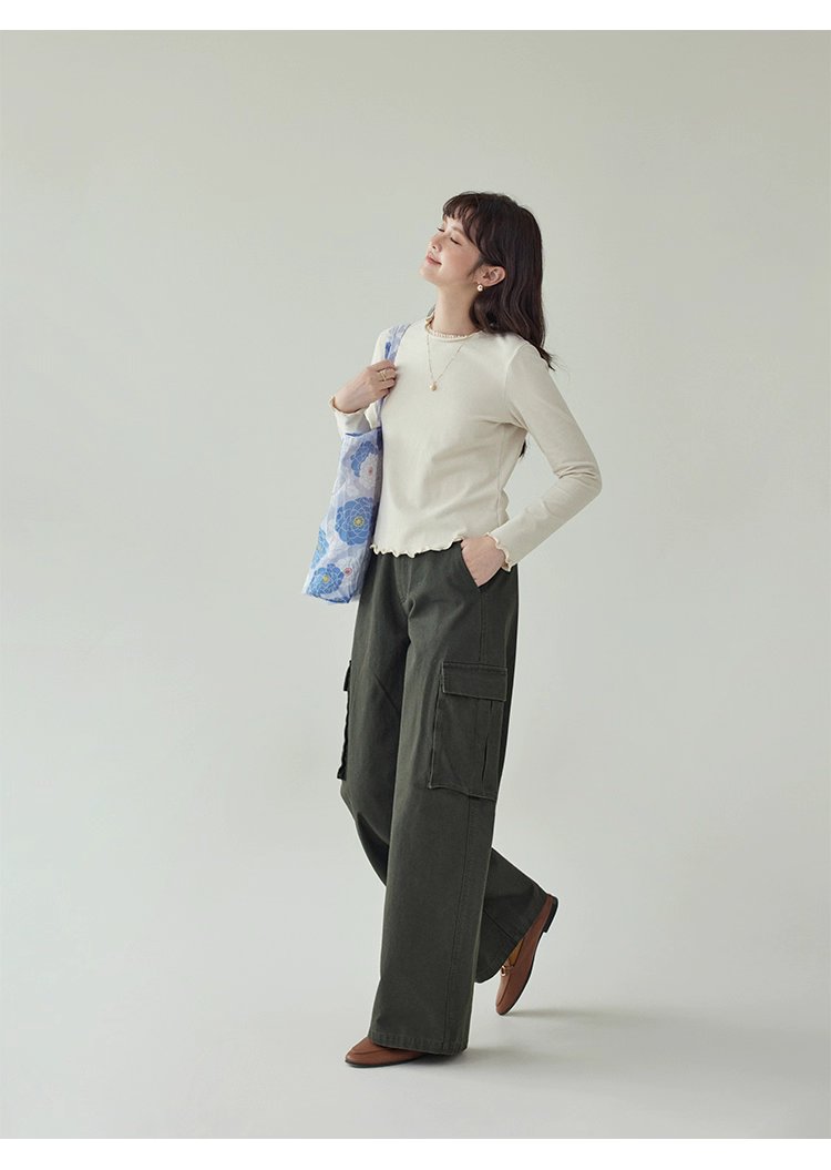 小眾花邊圓領長袖打底T恤女秋新款寬鬆純色上衣