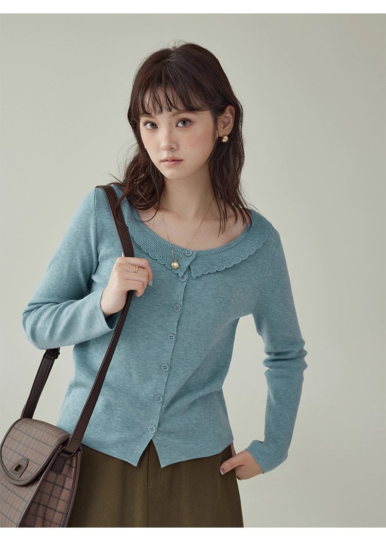 藍色圓領針織衫女秋季絕美短款修身長袖開襟衫上衣