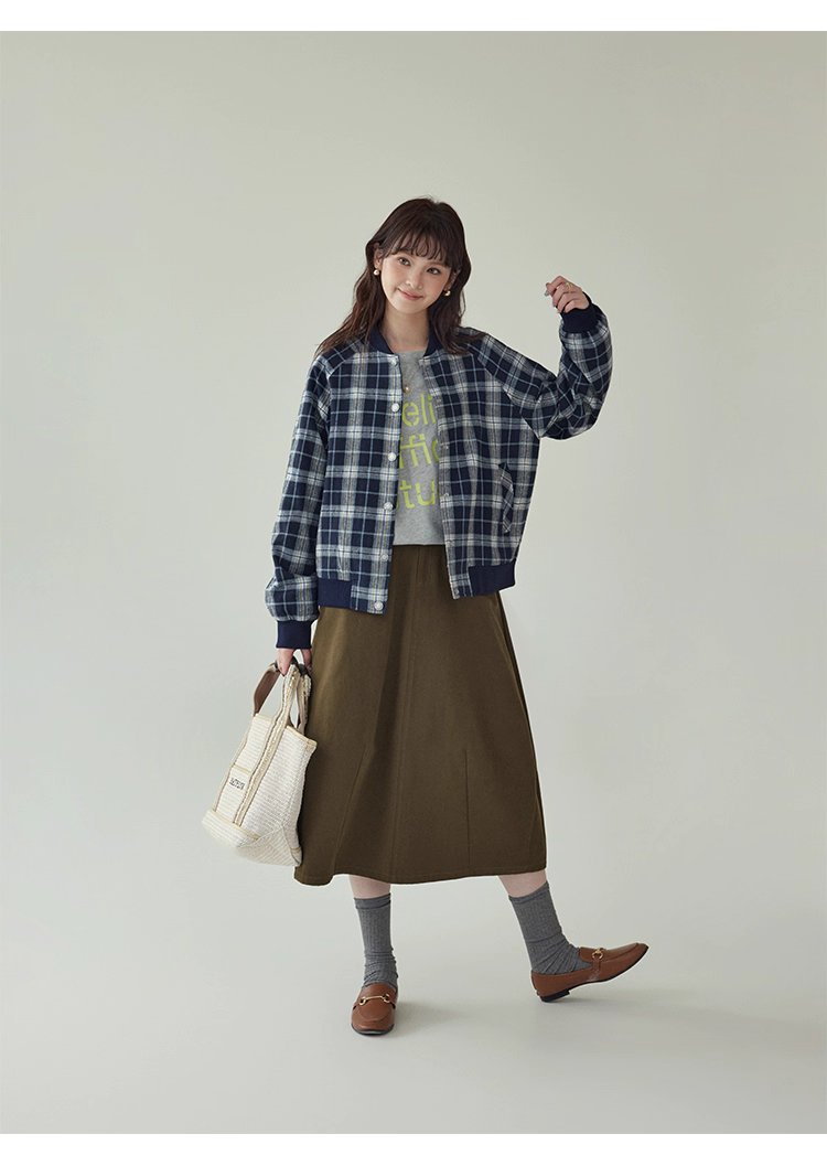 撞色格紋插肩袖摁扣外套女秋季新款長袖外套上衣