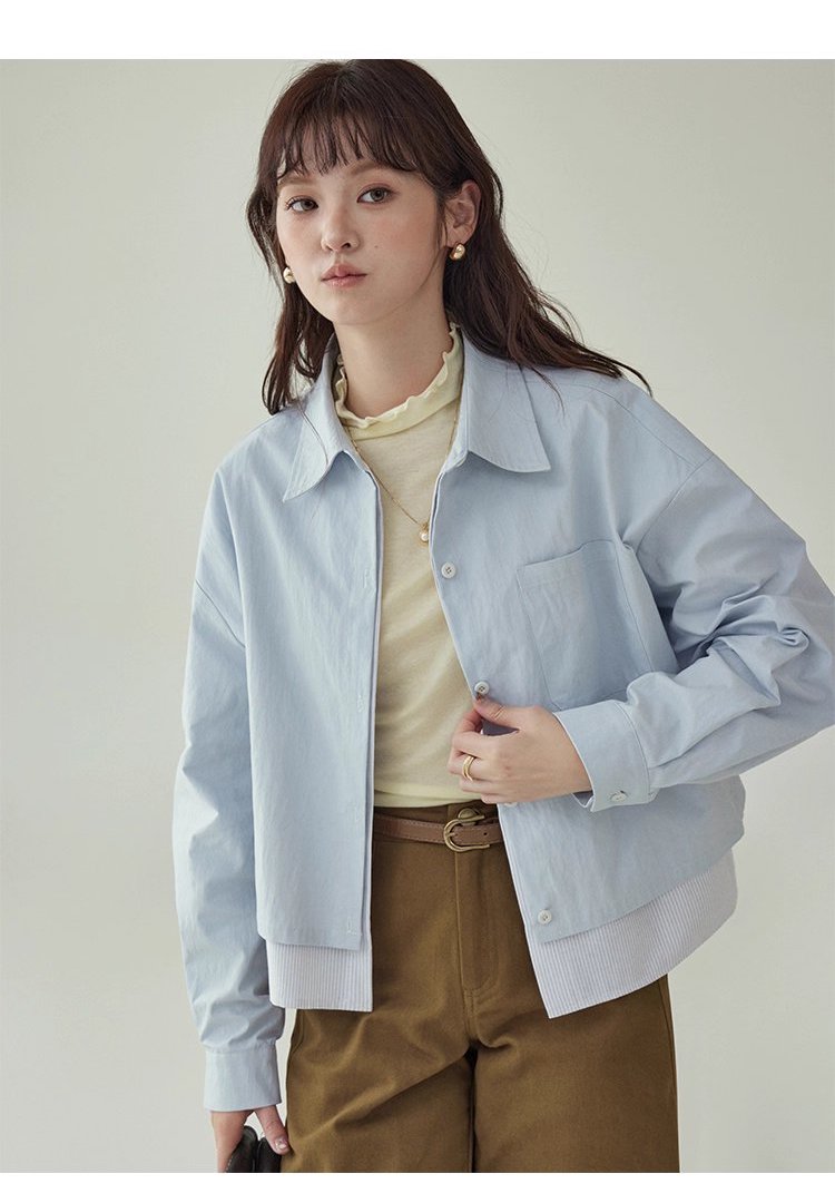 藍色假兩件外套襯衫女秋季超好看單排扣長袖上衣,藍色假兩件外套襯衫女秋季超好看單排扣長袖上衣,HBEW5073,藍色假兩件外套襯衫女秋季超好看單排扣長袖上衣,假兩件式,造型加分