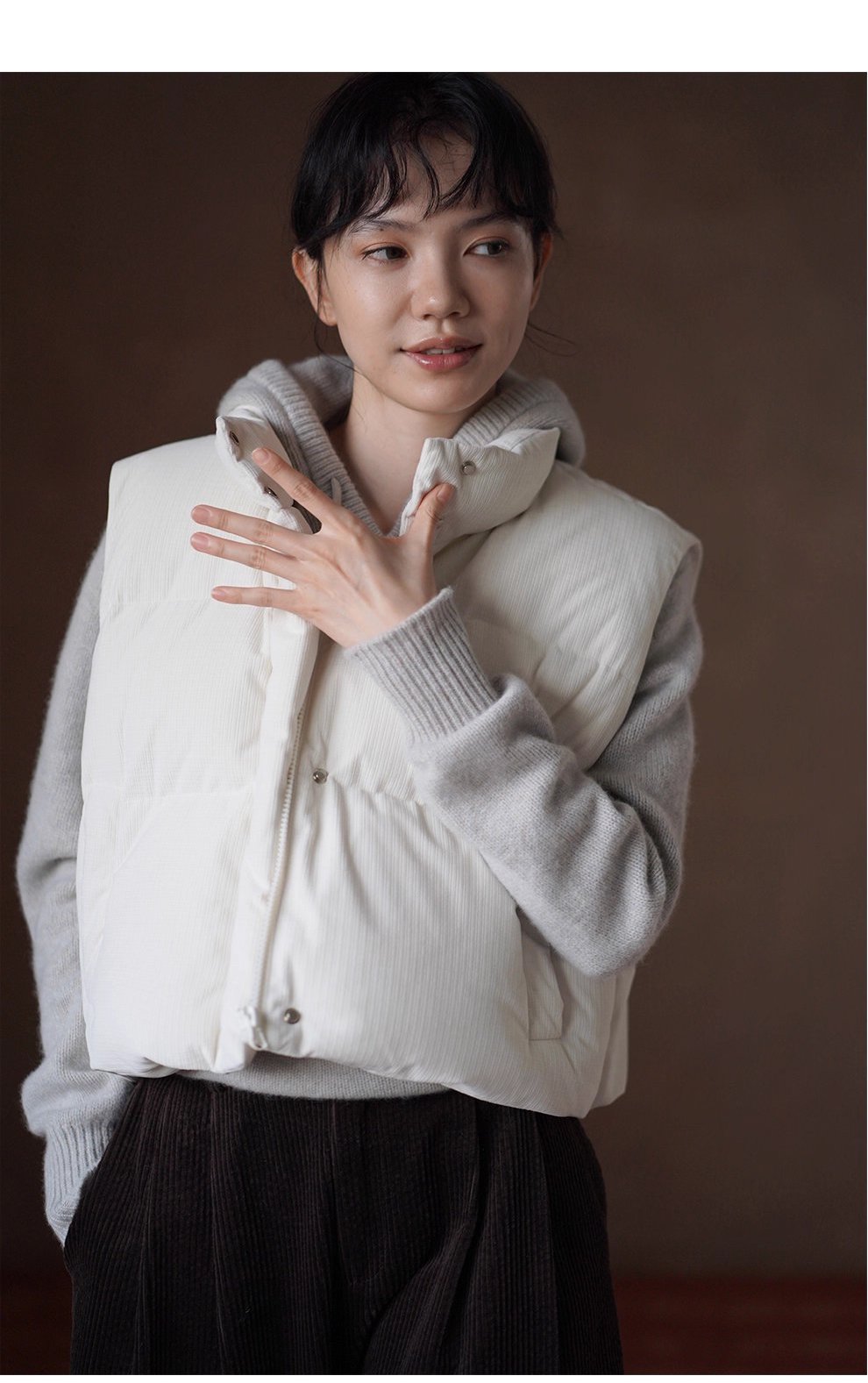 保暖軟糯小泡芙格外套紋肌理寬鬆短款立領夾棉馬甲棉服