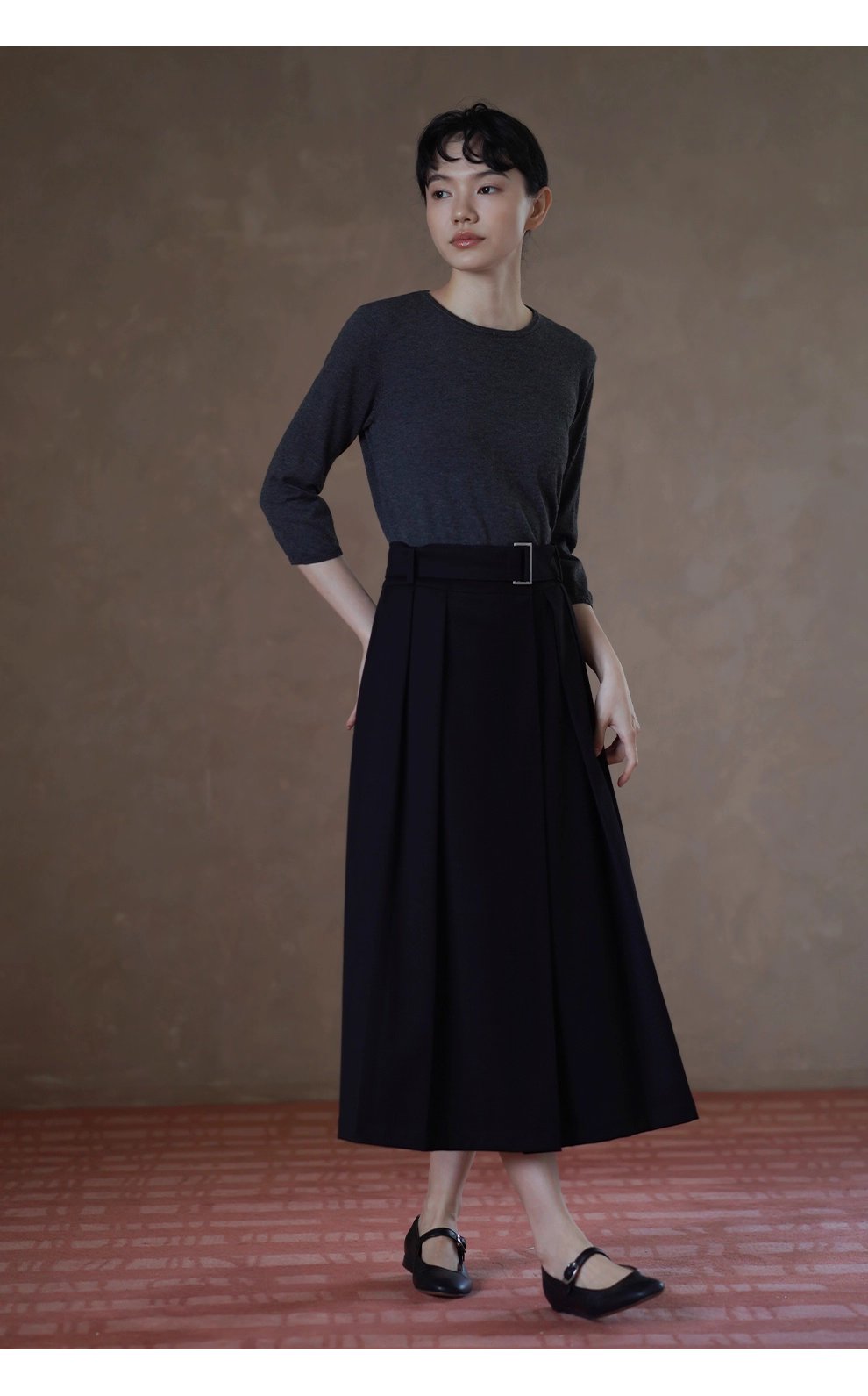 簡約法式高腰中長A字顯瘦通勤不挑人百褶腰帶半身裙女