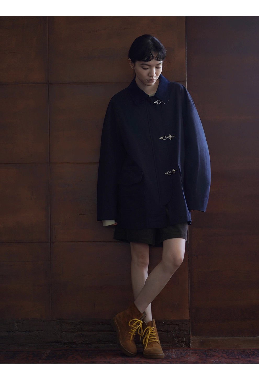 走讀生復古外套小眾飛機扣設計中長款拼接麂皮領口風衣