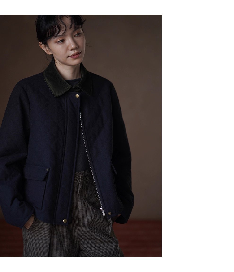 復古英倫配色撞色燈芯絨翻領正肩短款菱形格絎棉外套女