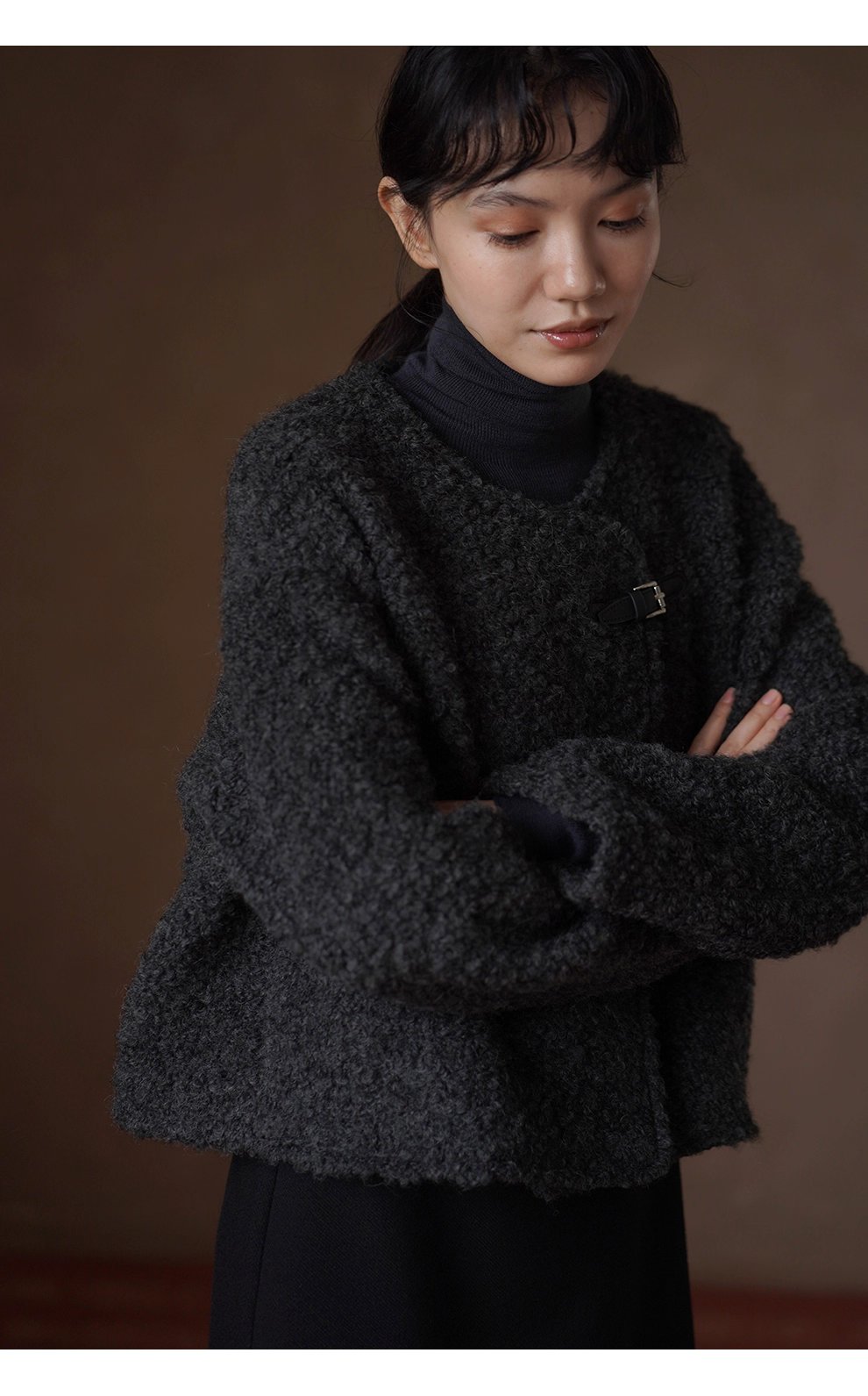 費城外套蓬鬆羊毛圈毛呢料輪廓皮袢圓領通勤顯瘦大衣