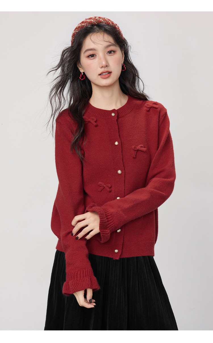 大尺碼胖mm秋冬毛衣開襟外套紅色蝴蝶結針織衫上衣