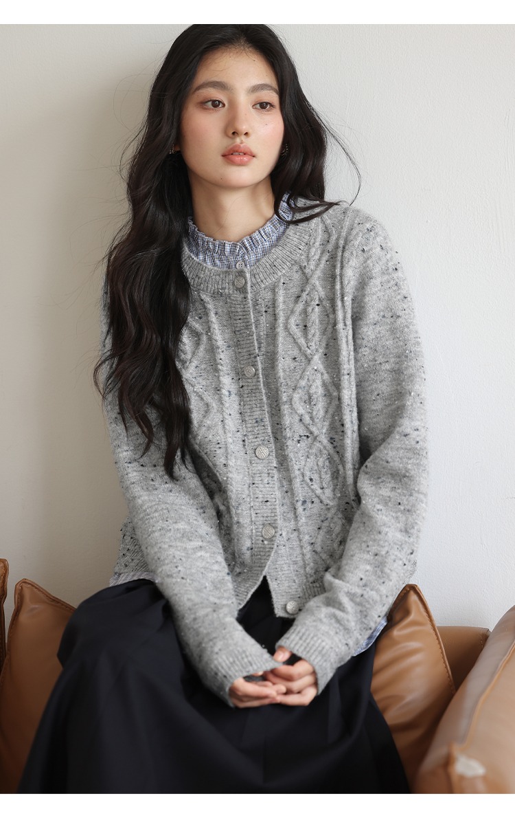 秋冬灰色毛衣開襟衫女拼接格子襯衫假兩件針織衫