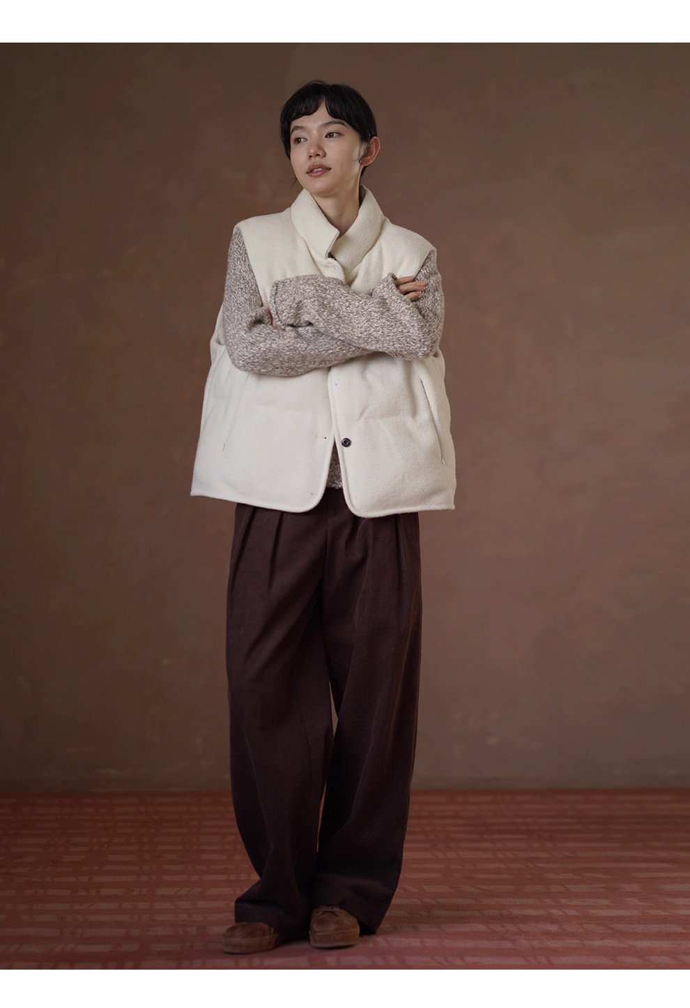 小奶糕自然肌理感綿羊毛混紡寬鬆疊穿簡約立領棉服馬甲