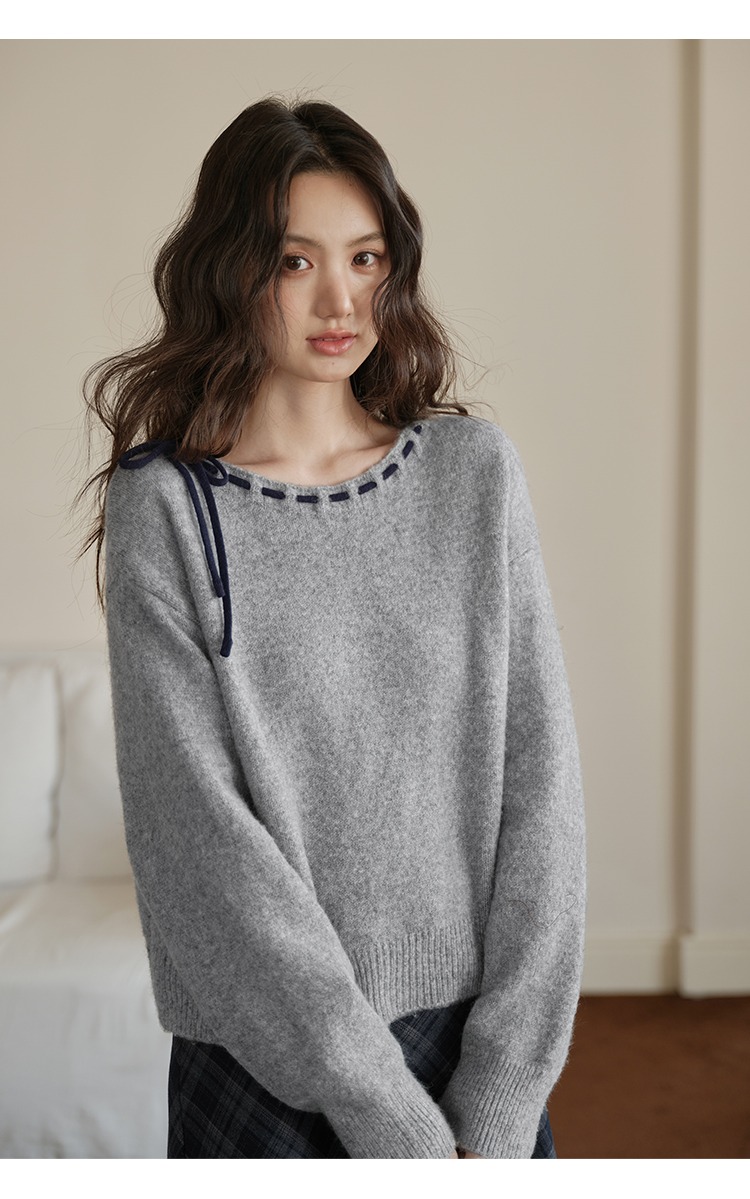 大尺碼繫帶毛衣女秋冬慵懶風格針織衫