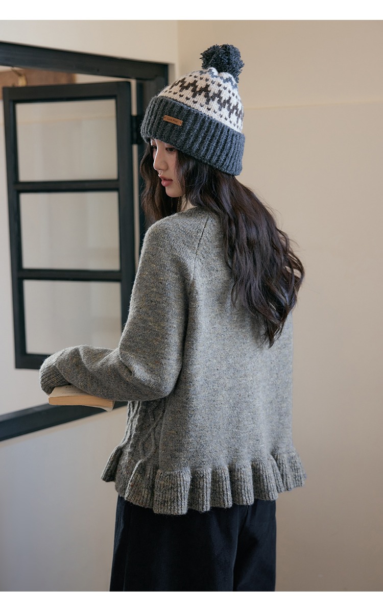 菱格毛衣開襟上衣外套冬季針織衫,菱格毛衣開襟上衣外套冬季針織衫,HBEW1952,菱格毛衣開襟上衣外套冬季針織衫,荷葉滾邊,菱格紋路