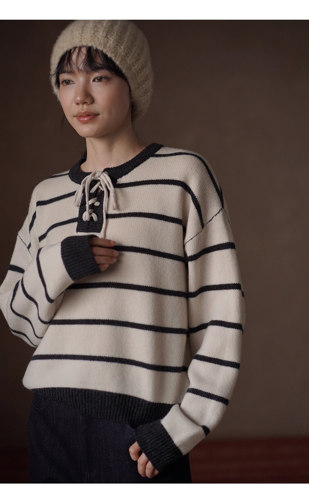 復古水手條紋上衣軟糯100羊毛綁帶門襟設計寬鬆顯瘦毛衣