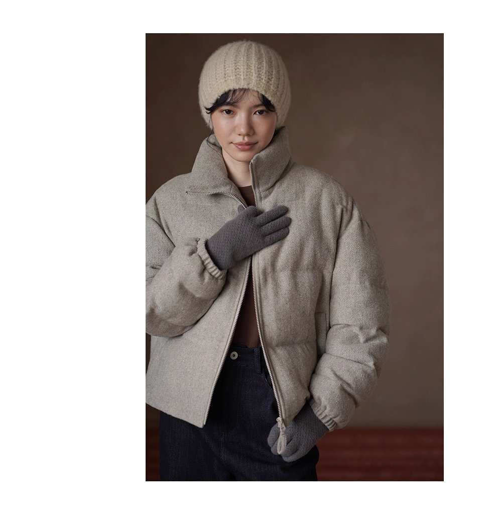 冬日盧森堡保暖外套羊毛夾花人字紋加厚短款休閒棉服女