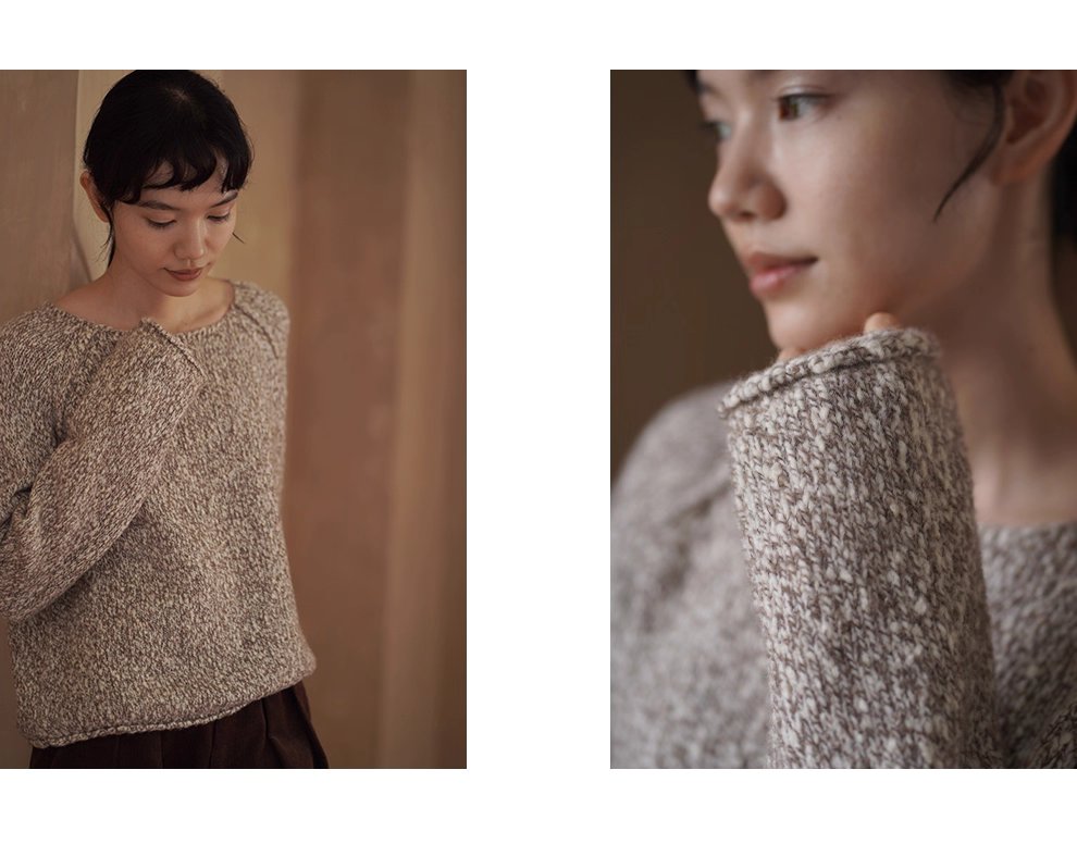 拉花肌理感雜色羊毛豆豆紗寬鬆顯瘦船領休閒捲邊毛衣女