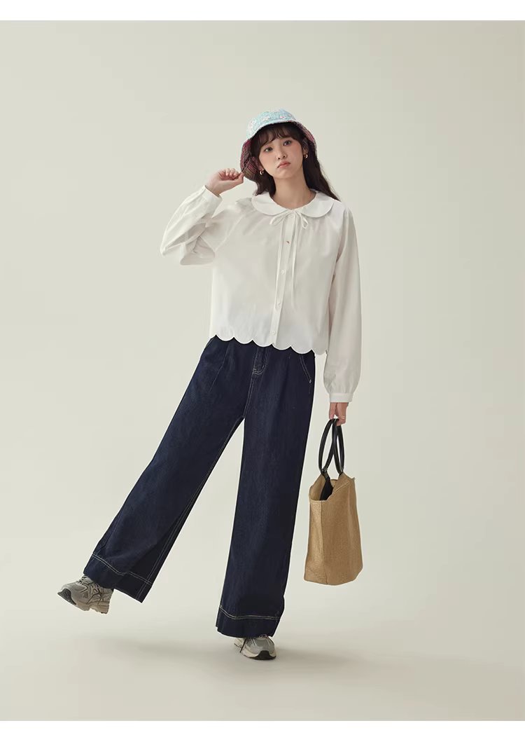 少女感蕾絲娃娃領襯衫女25冬季新款白色長袖上衣,HBEW1142,少女感蕾絲娃娃領襯衫女25冬季新款白色長袖上衣,娃娃領,花瓣衣襬,細節滿分